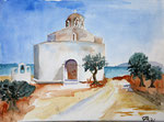Mani Peloponnes, Kapelle, griechische Impressionen, Aquarell, 2021, nach einem ähnlichen Bild von Hans Heibl mit Erlaubnis des Malers 