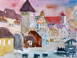 Nürnberg, Am Tiergärtner Tor, Blick zur Burg, Aquarell (2023), eigene Interpretation eines ähnlichen Motivs von Berhard Vogel