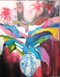 Une découverte de la flore Guadeloupéenne, une passion pour l'art asiatique de la couleur pour rappeler la chaleur et voilà mon imaginaire en route vers cette création. Le vase blanc nacré, peint avec un bleu cobalt, des feuilles de différentes formes afi