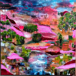 La vie en rose - 50 x 50-  Acrylique, glacis aux encres et graphisme au pinceau à l'encre
