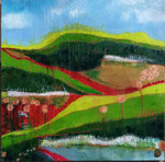 Randonnée - 50 x 50- Collage de tissu- Acrylique, glacis aux encres et graphisme au pinceau à l'encre
