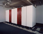 Running Refrigerator, lacquer paint on wood, synthetic leather, brass, gravel, 180×500×100cm, 1992