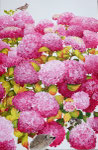2012 "Hortensia V"met egels en leeuwerik, acrylverf op linnen 80 x 120 cm.