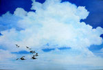2011 "Ganzen blijven vliegen I":  Het leven gaat voorbij aan het geroezemoes in de wereld Acrylverf op paneel 80 x 120 cm. Verkocht