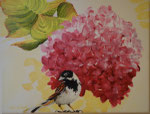 2014 "Mus bij hortensia." Acrylverf op doek 20 x 30 cm.    