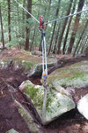 Excavating a large boulder with a skyline and a hoist with 2:1 mechanical advantage