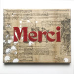  ”Merci”, 2023. Embroidery on palimpsest collage prepared canvas, 24 x 30 cm. 250€