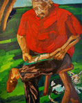 ÜBERMALT   Papa mit Mitzemutz, lesend im Garten, 100x80 cm, 2005