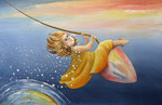 flying high, aquarel met iriserend medium 32 x 51 cm