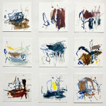 Phonetic Marks, oil and oil stick on paper, 28" x 28" (set of 9, 8" x 8" each), 2024