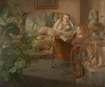 Ben Kamihira (American, 1925-2004), "The Phone Call", 1989, oil on linen, 50” x 60”
