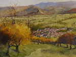 #758 / Herbstliche Schwäbische Alb bei Bissingen, Aquarell, Autumn Swabian Alb nearby Bissingen, watercolor painting, Aquarellpapier/watercolor paper: Arches 185 g/m²,  Bildausschnitt H x B (H x W): 54 cm x 72 cm, VERFÜGBAR/AVAILABLE