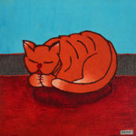 009 - 2018 - Slapende kat op een rood kussentje  (2018) - schilderstuk op Schildersdoek (H 60,0 x B 60,0 CM) - Acrylverf 