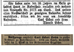 Above: The property at S.1598 (Rosenthal 16) would remain Carl's residence until he moved to S.1073 (Untere Talgasse 2) in 1872 [Fränkischer Kurier, 6. Mai 1872, Bavarikon].   Below: Fränkischer Kurier, 13. December 1877, Bavarikon].