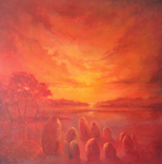 "De Deemstering,"  2026, 120X120, olieverf op linnen.    Vanuit je dromen kun je de hemel prima aanraken. Als het dan dag is geweest en nog geen nacht is.  Al die speciale momenten voor alles wat inmiddels verdwenen is. Om overnieuw zichtbaar te zijn. 