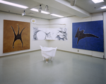 Hind Legs on the Ground, gouache and pastel on paper, cloth,on paper, clay, branch, log, brass, sand, dried flower, Size: Wall2500x8300mm, Floor4180x21000mm, 1985