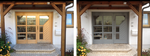 Links: Unrestaurierte Haustüre aus Eiche Oberfläche Dickschichtlasur.                  Rechts: Haustüre nach der Restauration und Modernisierung, Oberfläche Osmo Landhausfarbe auf Ölbasis