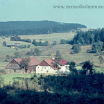Im Vordergrund ein Anwesen von Steinlohe (Mausthurm, deutsches Gebiet), dahinter auf tschechischem Gebiet der Schickenhof (Anger/Úpor). Hier überquerte der Gefangenenzug wohl am 24. April 1945 die Grenze.