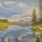 240821 Badesee Ftan Acryl auf Papier 30x40 gerahmt 52x62 