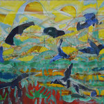 091213 Vogelflug Collage und Gouach2 auf Papier 50x70 gerahmt 62x82