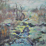 180613 Moorlandschaft Gouache auf Papier 30x30 gerahmt 52x52