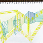 dimensions, points of coordination,  2022, 22x30, Tusche+Leuchtstift+Tape auf Papier