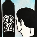 Im Experimentallabor, 2025, Linolschnitt, Acryl, 30 x 21 cm