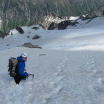 Chrissi checking out the crevasses though there is no glacier. 