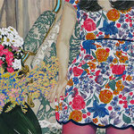 花柄のソファーと花のあるリビングで　　　アクリル・油彩・綿布・パネル 410×273 / At a living room with a floral design sofa and the flower   Acrylic,Oil,cotton and panel