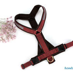 Führgeschirr mit geteiltem Bauchsteg & Messing-Ringen; GB: bordeaux; Polsterung Softshell braun;