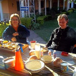 My friend Gabi and me while enjoying coffee and cake in the morning at our little farm before "work"