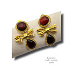 1980s Italian dangling golden bow and drop Art Glass Cognac color cabochon earrings -LAURANA Italian couture w/original paper tag- 229