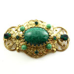 1940s large Peking Glass green cabochon and crystals emerald gold filigree brooch -art.449/3-   SOLD