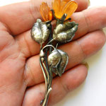 Gorgeous Victorian era Silver & Carved AMBER Double Rose Vintage Pin Brooch - Old European Find for the collector - Art.922/4 - SOLD OUT