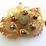 Extraordinary huge "art & craft" diamond black layered design brooch - bright copper finish and open work design - art.856/4