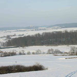 Blick vom Langenselbolder Weinberg über schneebedecktes Land auf die Ronneburg.