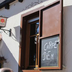 Carpe Diem: Ende März an einem sonnigen Wochenende das einzig richtige Lebensmotto (am Fensterladen der Berghütte Hahnenkamm)!