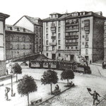 ¿Año? Plaza del Príncipe desde su esquina noreste. Al fondo a la izquierda, comienzo de la Calle La Blanca; y a la derecha, subida hacia la Calle del Arcillero. Tras la subida hacia La Blanca, edificio de la Aduana