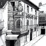 1891 Palacio de Villatorre, en la esquina de la Plaza Vieja (en primer plano) y Santa Clara (a la derecha). Dibujo de Isidro Gil (¿a partir de la anterior fotografía?)