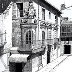 1891 Palacio de Villatorre, en la esquina de la Plaza Vieja (en primer plano) y Santa Clara (a la derecha). Dibujo de Isidro Gil (¿a partir de la anterior fotografía?)