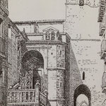 1888 Calle del Puente desde el norte. A la izquierda, acceso a la Catedral por la "Escalera de los Mártires". A la derecha, entrada hacia Ruamayor por debajo de la torre de la Catedral