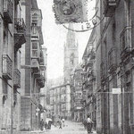 ¿Año? Calle San José desde el sur. Toda la acera este (iglesia de los Jesuitas incluida) se salvó del incendio. A la izquierda, entrada a la Plaza del Príncipe