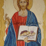 PANE E VINO NEL NUOVO TESTAMENTO - affresco a secco su tavola con malta e terre naturali colorate - 63,5x38 cm