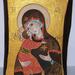 MADONNA CON BAMBINO - affresco a secco su tavola noce con malta e terre naturali colorate - 40x30 cm