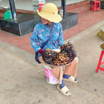 Cambodjaanse insectenmarkt gebakken insecten te koop bij een vrouw in Skuon