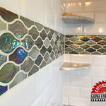 Guest Bathroom Standup Shower with Glass Mosiac Tiles and Glass Subway Tiles