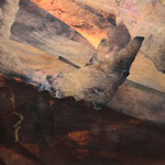 Collage e olio su legno Opera: Indagine al centro della terra anno 1983 cm. 70 x 42 