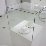 "Breath (Duet)", 2013, rubber stamping on cups, vitrine, 60x60x60 cm, DIALOGOS, 2013, CACT/MACT, Bellinzona (CH). ph. Pier Giorgio De Pinto