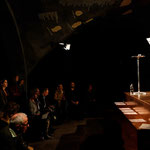 Itinerant polyphonic text for one voice, three movements, and three music stands, Cabaret Voltaire, Zürich, photo Nora Hauswirth
