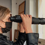 "Quadrangle binocular device to listen to the horizon be silent",  2021, paired binoculars, 10x50x20 cm